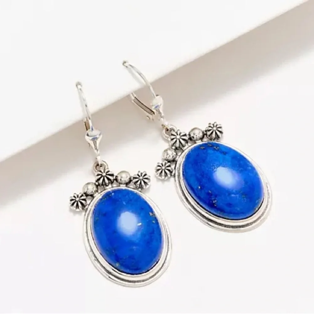 New  American‎ West Sterling Silver Oval Gemstone Concha Lever Back Earrings